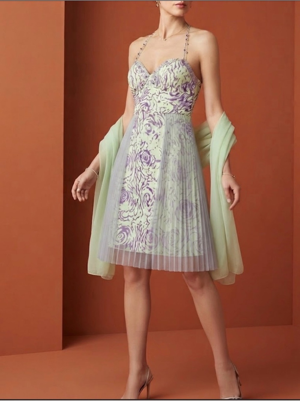 🔴 Floral Lace A-Line Cocktail Dress in Mint & Purple